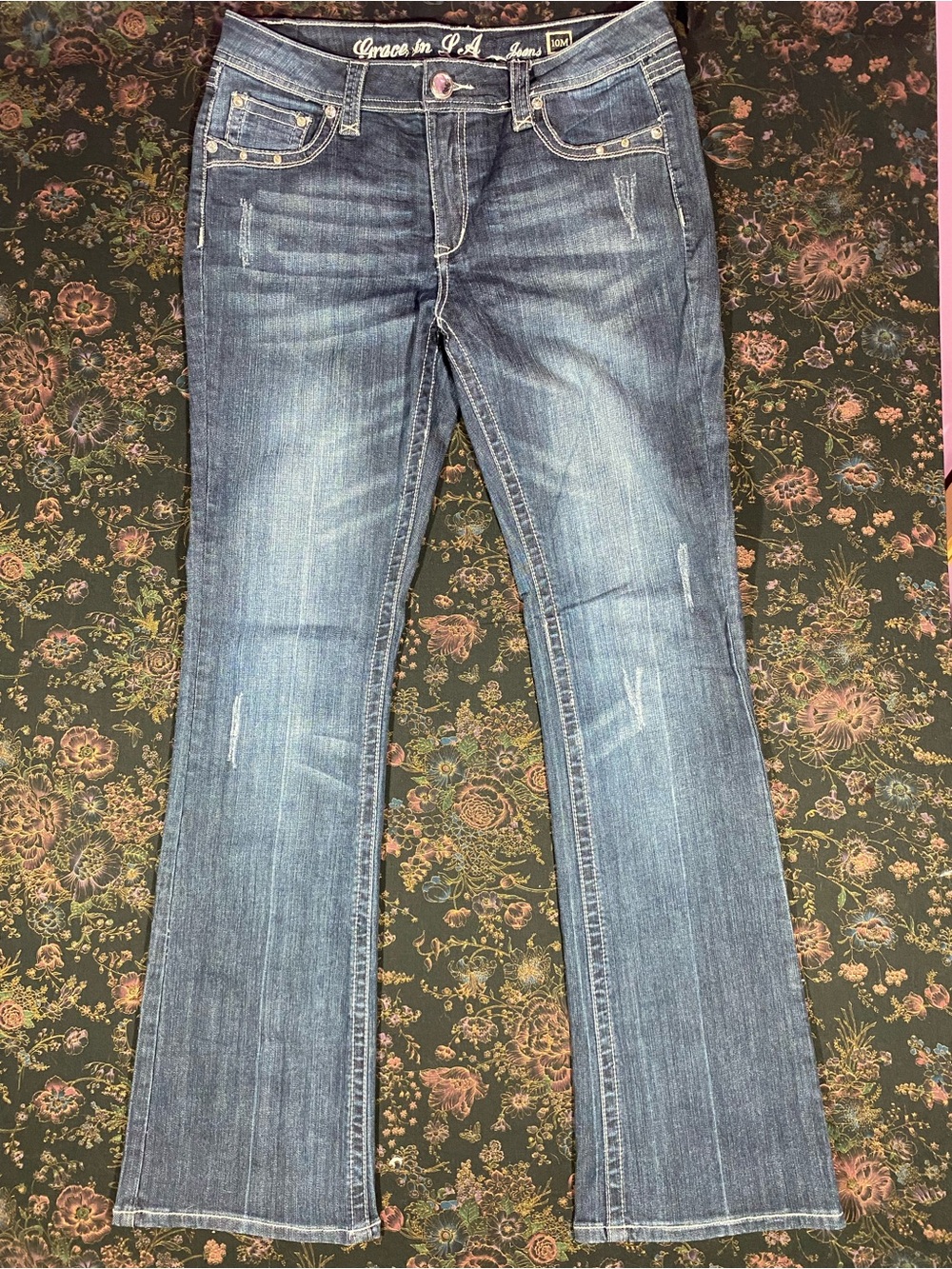 Grace in LA Boot Cut Jeans Embroidered Bootcut Jeans in Blue Size 10M